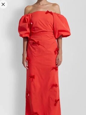 Red Puff Sleeve Bow Midi Dress